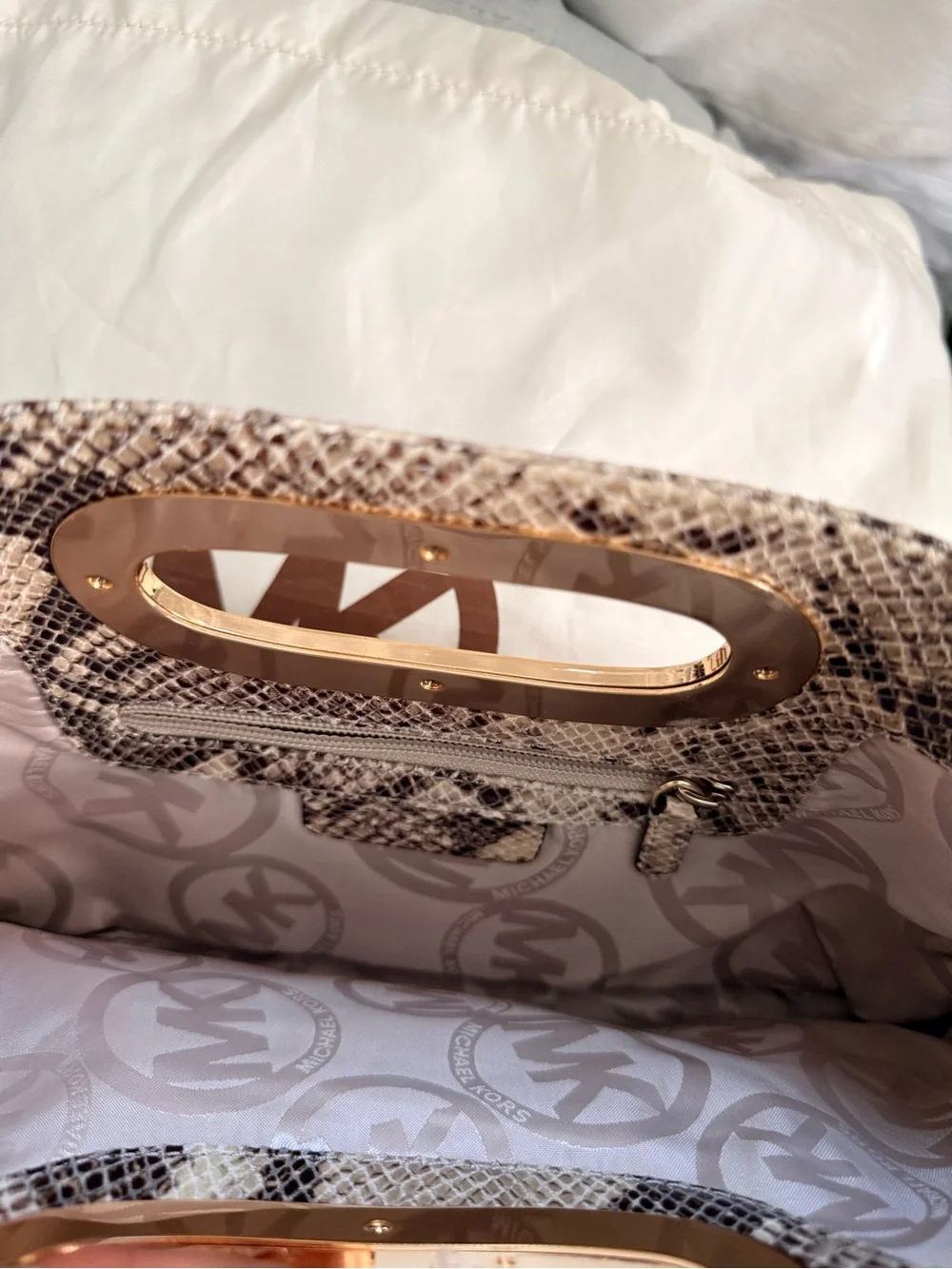 Michael Kors Snake-Print Clutch in Beige and Brown with Gold Handle